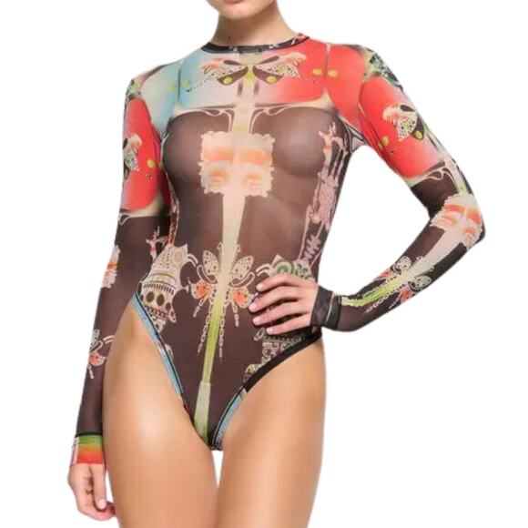Skims Summer Mesh Long Sleeve Thong Bodysuit 🖤 NWT - Size M - Orchid Cabinet - Picture 1 of 4